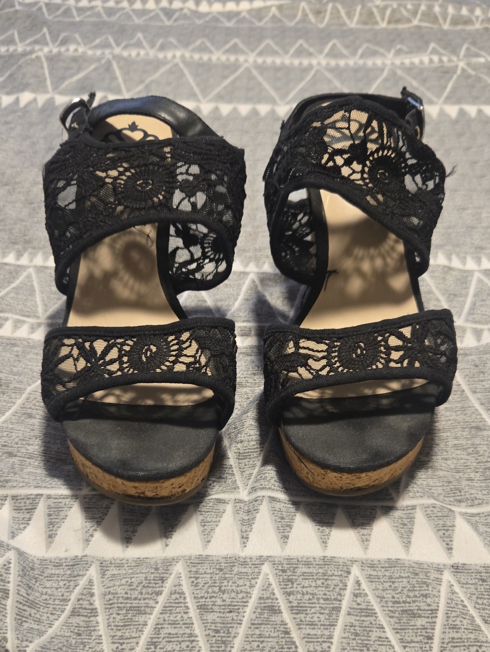 Fergalicious Black Lace Cork Wedge Sandals